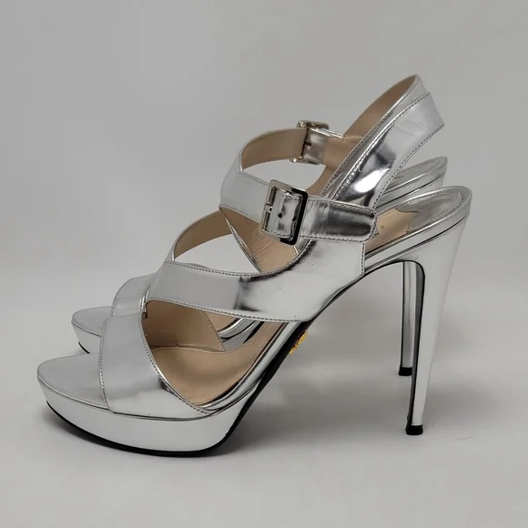 Prada Metallic Silver Platform Slingeback Strappy Straps Heel Sandals Size 39.5 - Picture 13 of 16